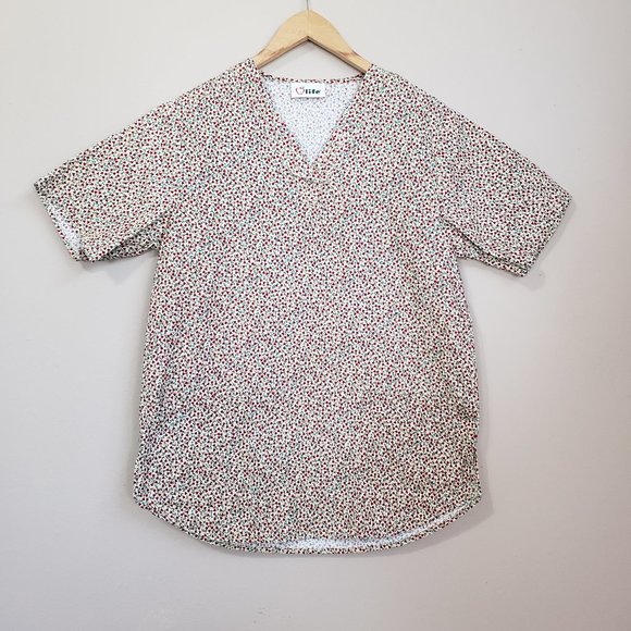 Apple Life Heart Floral Feminine Scrub Top - Picture 1 of 10